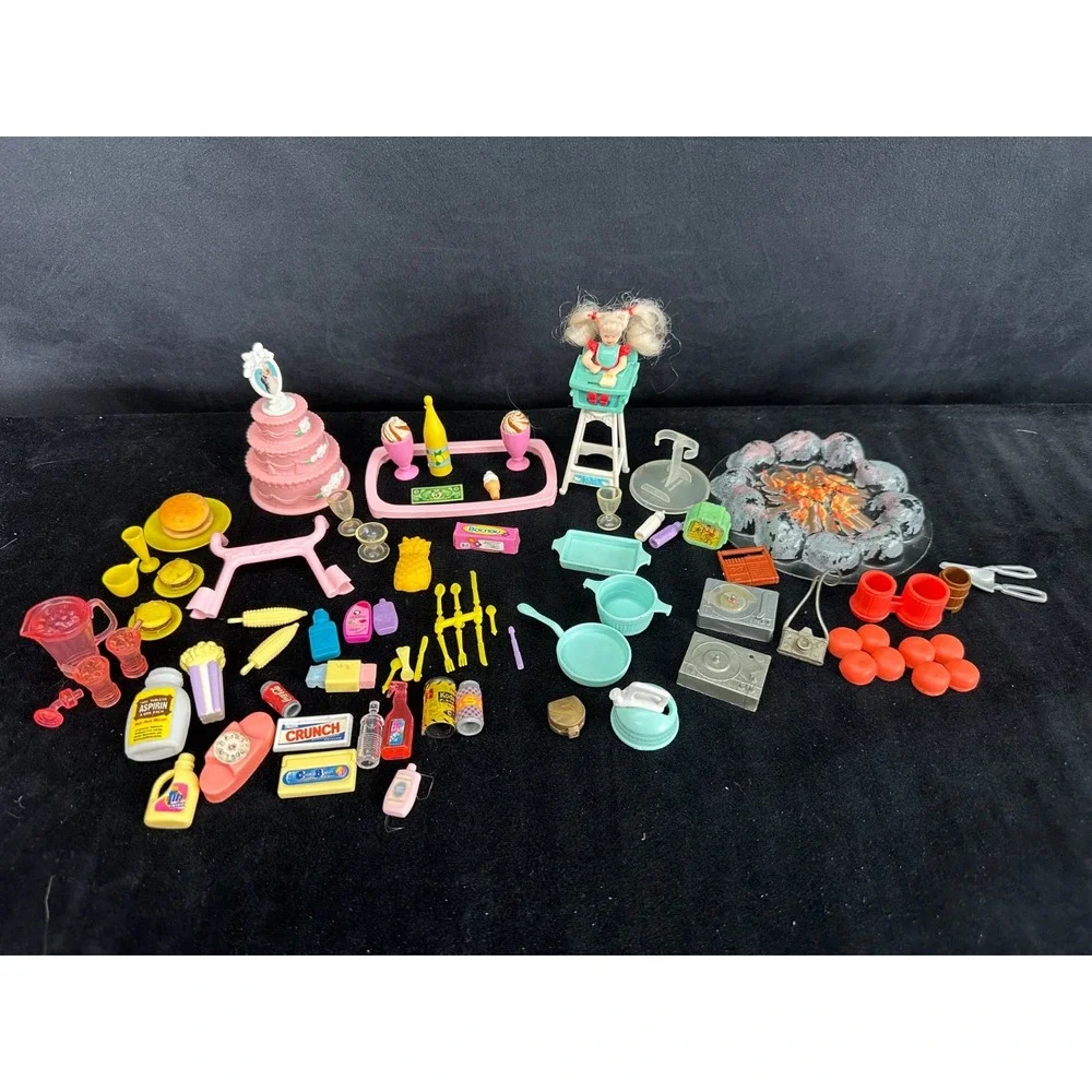 Vintage Dollhouse Accessory Lot Barbie Food Dishes Cups Plates Fire Pit Cake